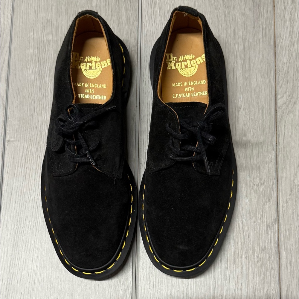 Dr. Martens Black Suede Oxfords with Yellow Stitching